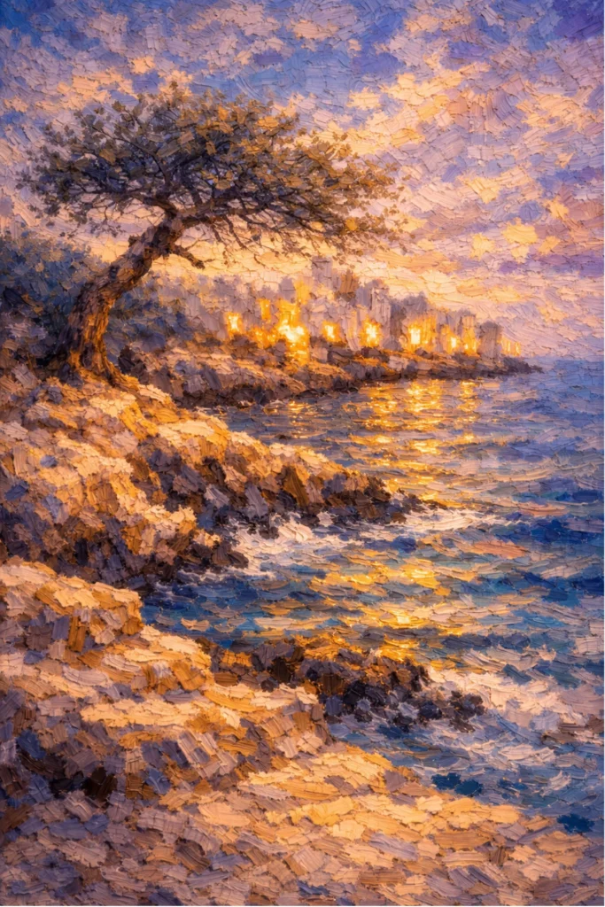 Costa encendida, Digital generative artwork (impasto aesthetic) — from the Magic Apulia series