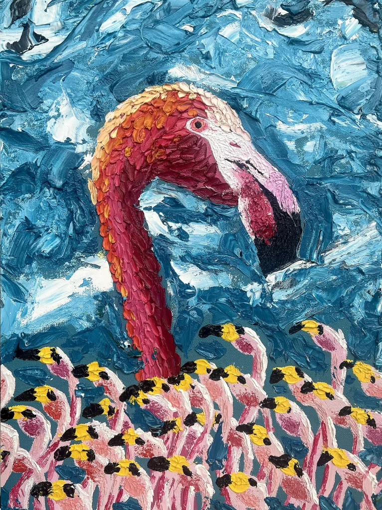 Sculpting color in impasto when painting Flamingo 33, Oil on canvas, heavy impasto